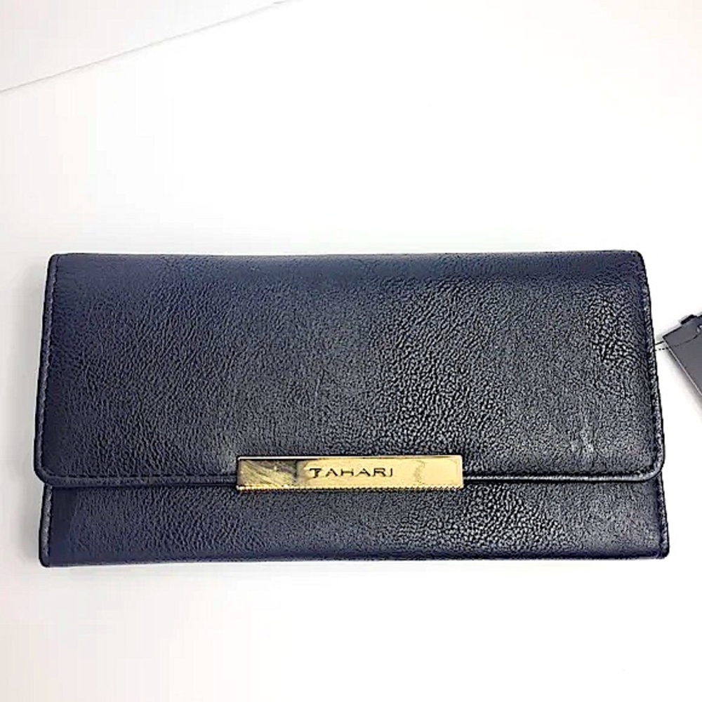 TAHARI ROYAL FLUSH Black Pebble Leather Wallet/Identity Protection-NEW